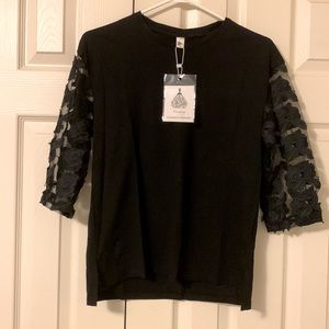 Black Mesh floral appliqué sleeve -Long sleeved crew neck Tshirt- Size M-NWT